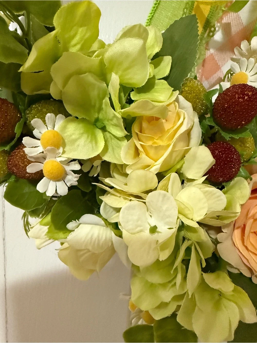 Peach & Green Spring Floral Wreath with Ribbon Bow